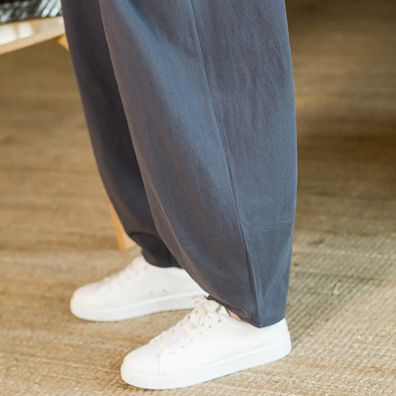 Pantaloni harem da uomo in cotone e lino tinta unita con coulisse e tasche, motivo Buddha Stones - Image 41