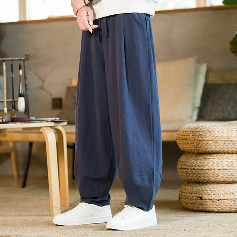 Pantaloni harem da uomo in cotone e lino tinta unita con coulisse e tasche, motivo Buddha Stones - Image 5