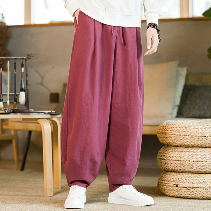 Pantaloni harem da uomo in cotone e lino tinta unita con coulisse e tasche, motivo Buddha Stones - Image 6