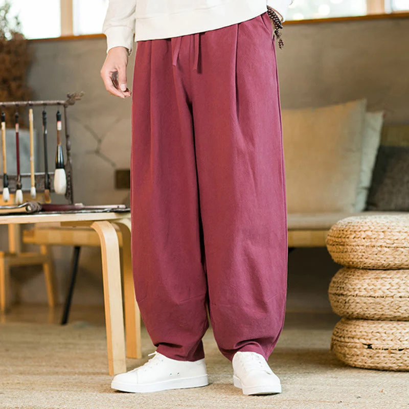Pantaloni harem da uomo in cotone e lino tinta unita con coulisse e tasche, motivo Buddha Stones - Image 7