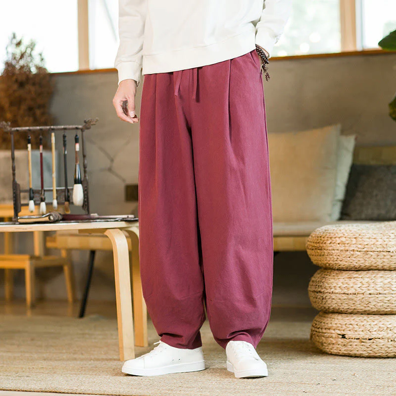 Pantaloni harem da uomo in cotone e lino tinta unita con coulisse e tasche, motivo Buddha Stones - Image 8