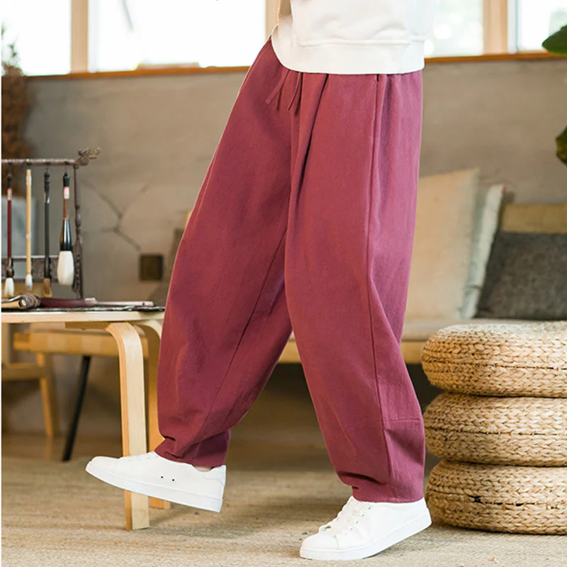 Pantaloni harem da uomo in cotone e lino tinta unita con coulisse e tasche, motivo Buddha Stones - Image 9