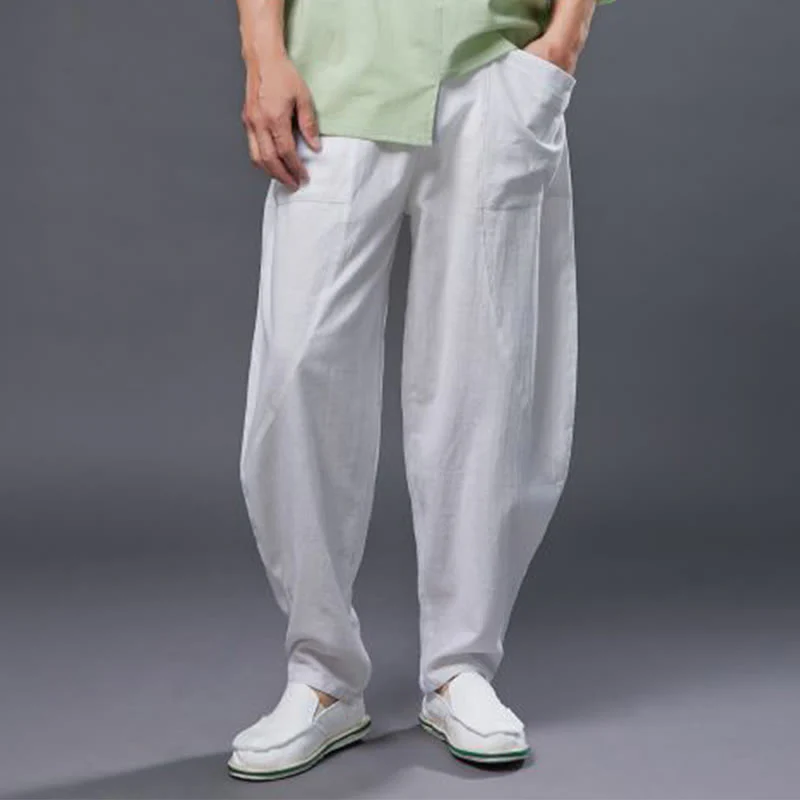 Pantaloni harem da uomo in cotone ramiè e lino tinta unita con elastico in vita e tasche , Buddha Stones - Image 10