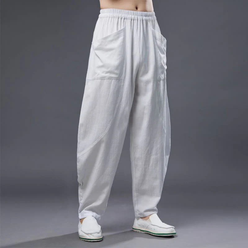 Pantaloni harem da uomo in cotone ramiè e lino tinta unita con elastico in vita e tasche , Buddha Stones - Image 11