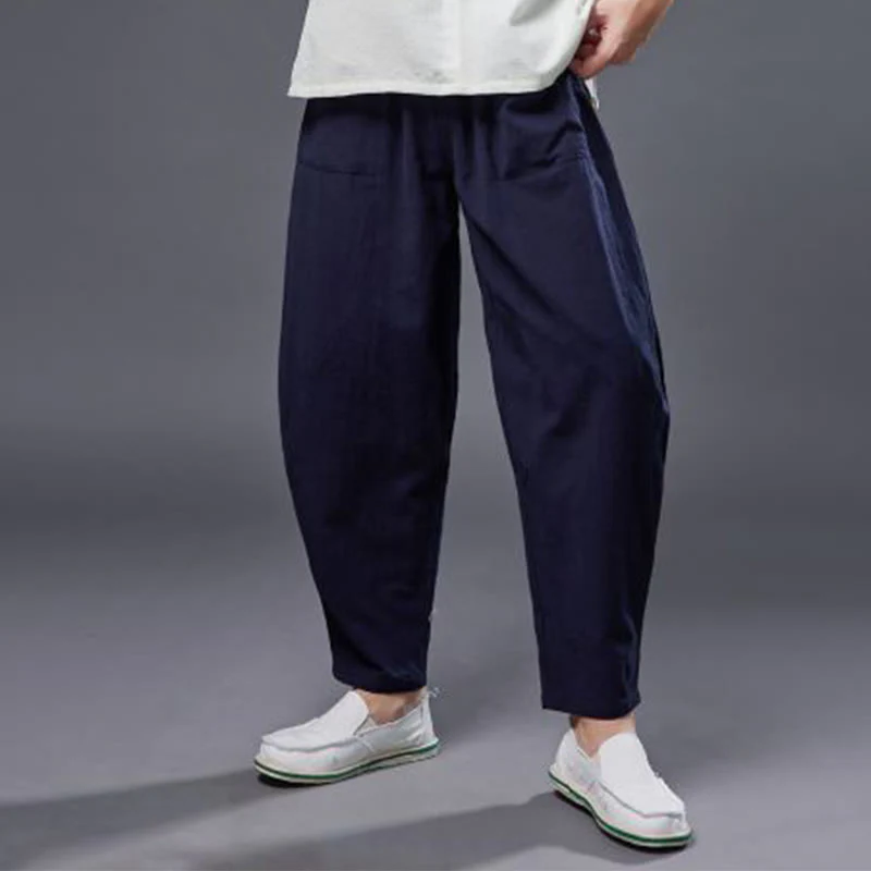 Pantaloni harem da uomo in cotone ramiè e lino tinta unita con elastico in vita e tasche , Buddha Stones - Image 14