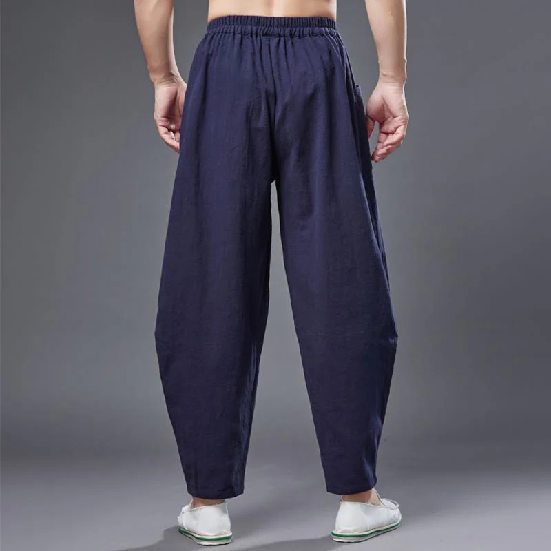 Pantaloni harem da uomo in cotone ramiè e lino tinta unita con elastico in vita e tasche , Buddha Stones - Image 15