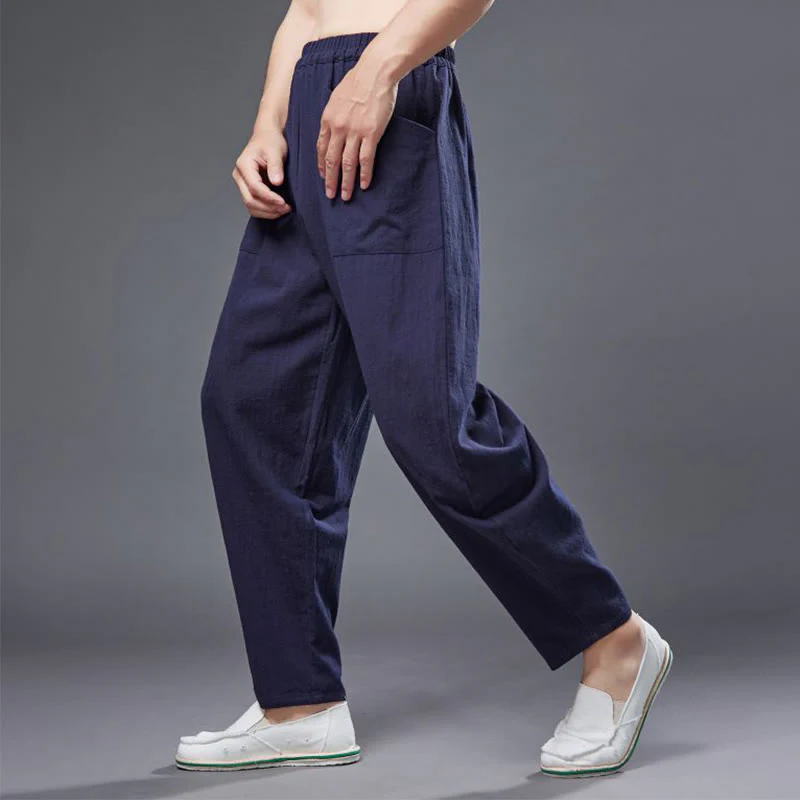 Pantaloni harem da uomo in cotone ramiè e lino tinta unita con elastico in vita e tasche , Buddha Stones - Image 16