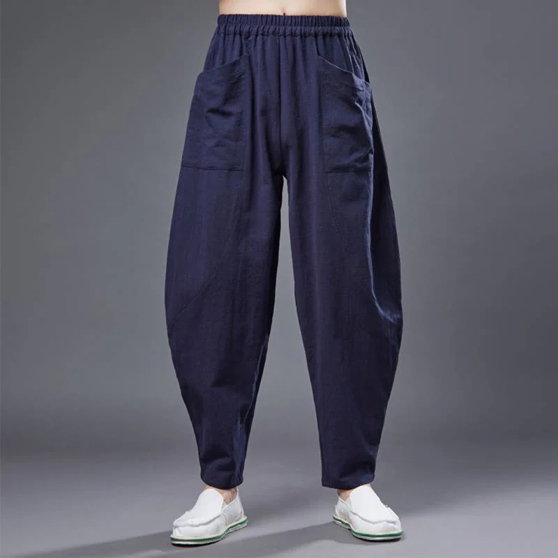 Pantaloni harem da uomo in cotone ramiè e lino tinta unita con elastico in vita e tasche , Buddha Stones - Image 17