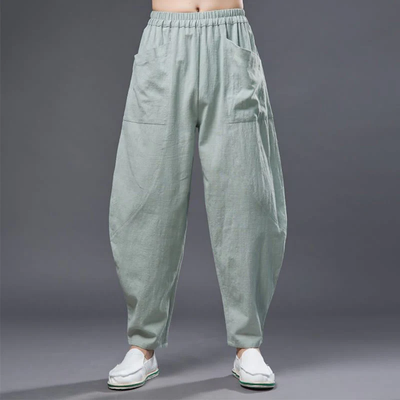 Pantaloni harem da uomo in cotone ramiè e lino tinta unita con elastico in vita e tasche , Buddha Stones - Image 20