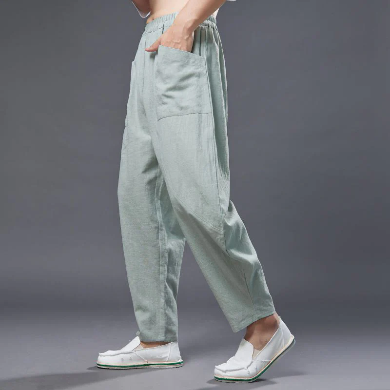 Pantaloni harem da uomo in cotone ramiè e lino tinta unita con elastico in vita e tasche , Buddha Stones - Image 21