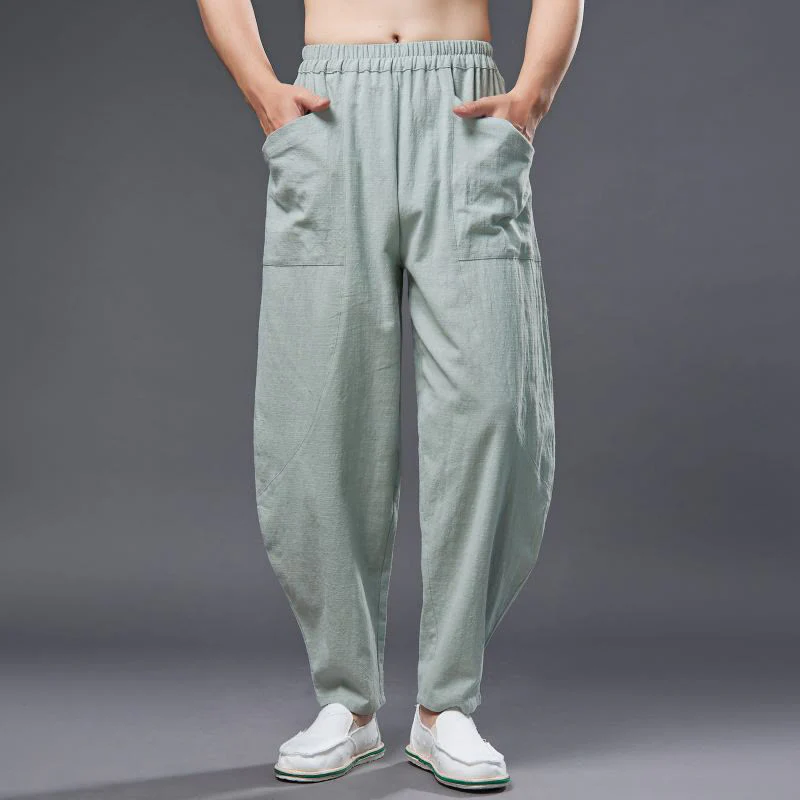 Pantaloni harem da uomo in cotone ramiè e lino tinta unita con elastico in vita e tasche , Buddha Stones - Image 22