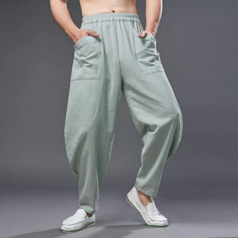 Pantaloni harem da uomo in cotone ramiè e lino tinta unita con elastico in vita e tasche , Buddha Stones - Image 25