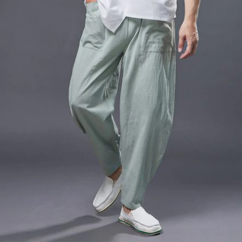 Pantaloni harem da uomo in cotone ramiè e lino tinta unita con elastico in vita e tasche , Buddha Stones - Image 26