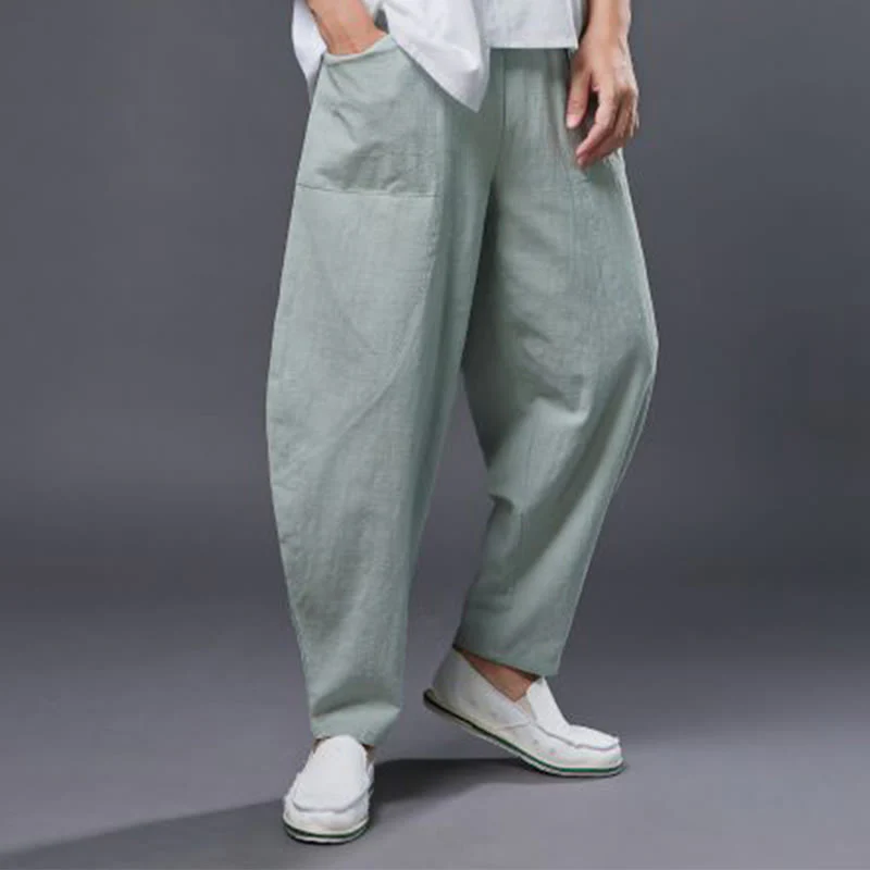 Pantaloni harem da uomo in cotone ramiè e lino tinta unita con elastico in vita e tasche , Buddha Stones - Image 27