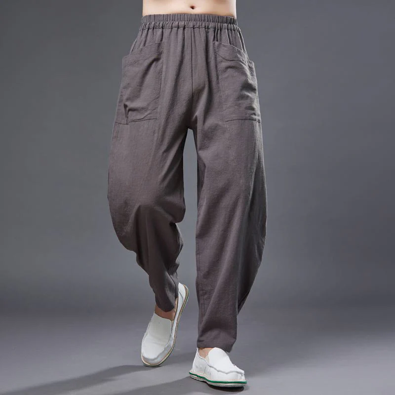 Pantaloni harem da uomo in cotone ramiè e lino tinta unita con elastico in vita e tasche , Buddha Stones - Image 34