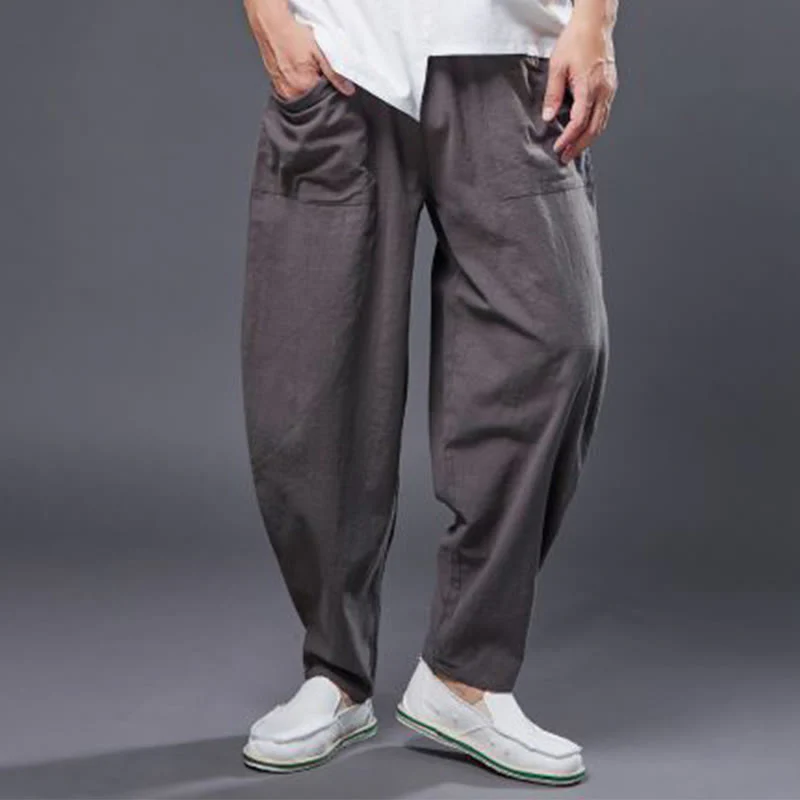 Pantaloni harem da uomo in cotone ramiè e lino tinta unita con elastico in vita e tasche , Buddha Stones - Image 38