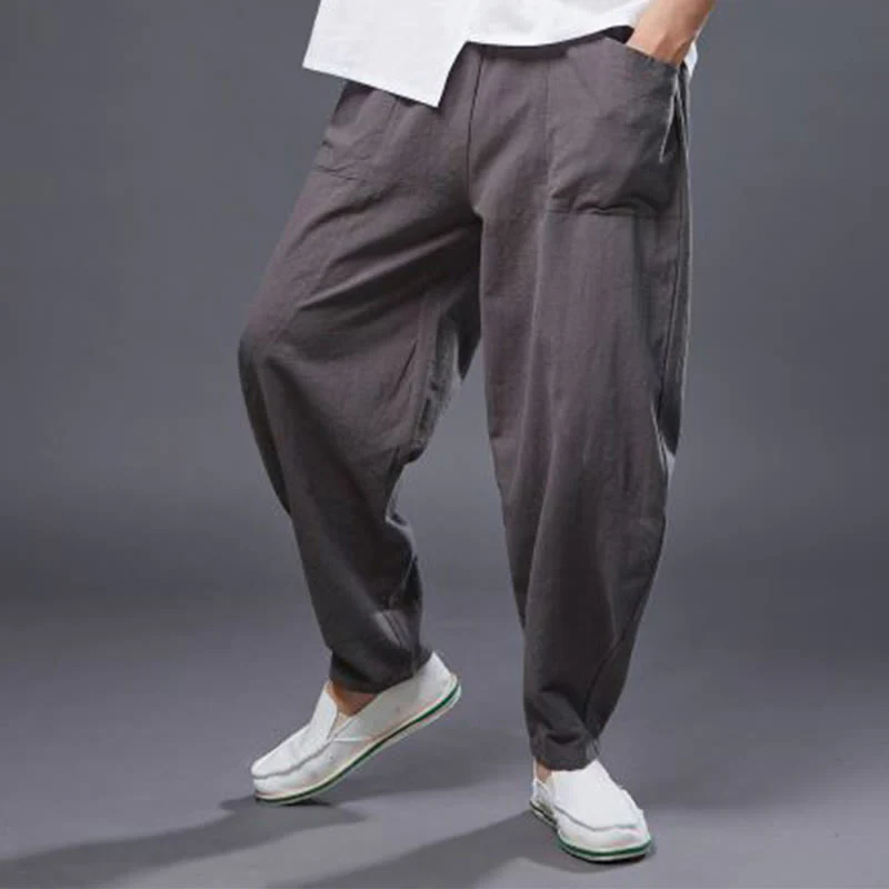 Pantaloni harem da uomo in cotone ramiè e lino tinta unita con elastico in vita e tasche , Buddha Stones - Image 39