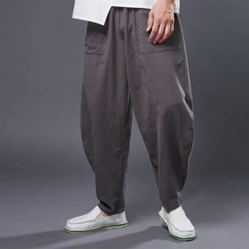 Pantaloni harem da uomo in cotone ramiè e lino tinta unita con elastico in vita e tasche , Buddha Stones - Image 40