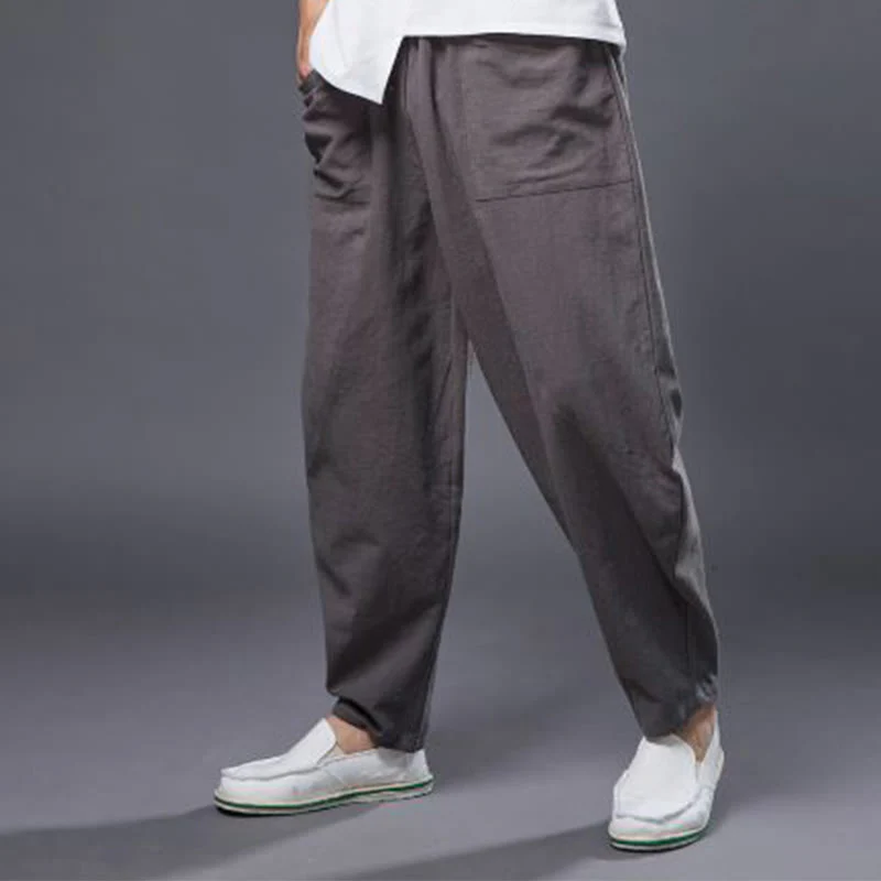 Pantaloni harem da uomo in cotone ramiè e lino tinta unita con elastico in vita e tasche , Buddha Stones - Image 41