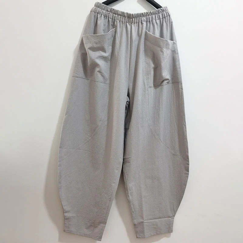 Pantaloni harem da uomo in cotone ramiè e lino tinta unita con elastico in vita e tasche , Buddha Stones - Image 42