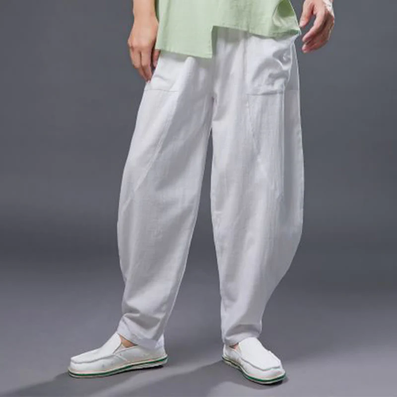 Pantaloni harem da uomo in cotone ramiè e lino tinta unita con elastico in vita e tasche , Buddha Stones - Image 7