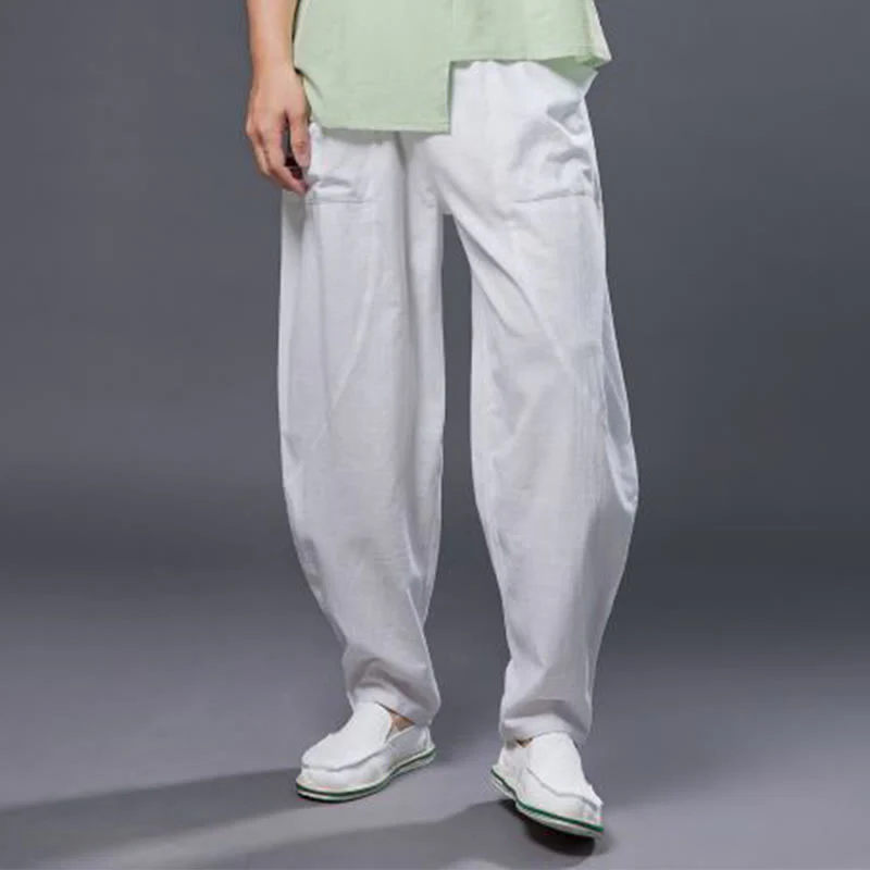 Pantaloni harem da uomo in cotone ramiè e lino tinta unita con elastico in vita e tasche , Buddha Stones - Image 8