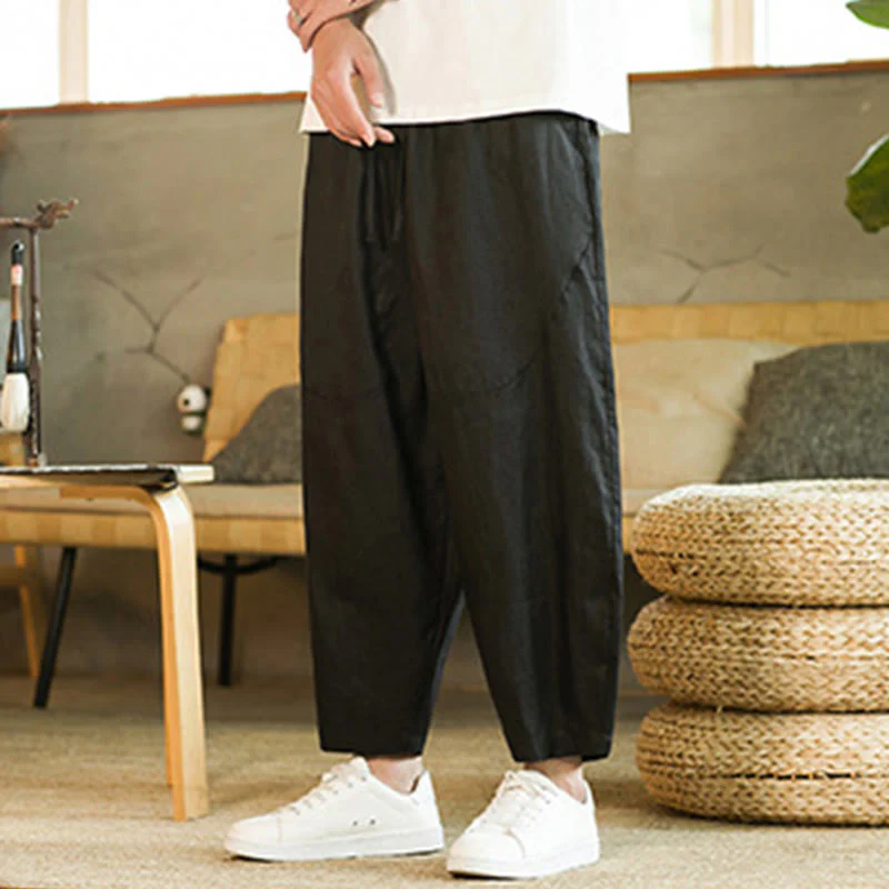 Pantaloni harem da uomo in lino con elastico in vita, con coulisse, stile casual retrò, tinta unita, stile semplice, con tasche , Buddha Stones - Image 13