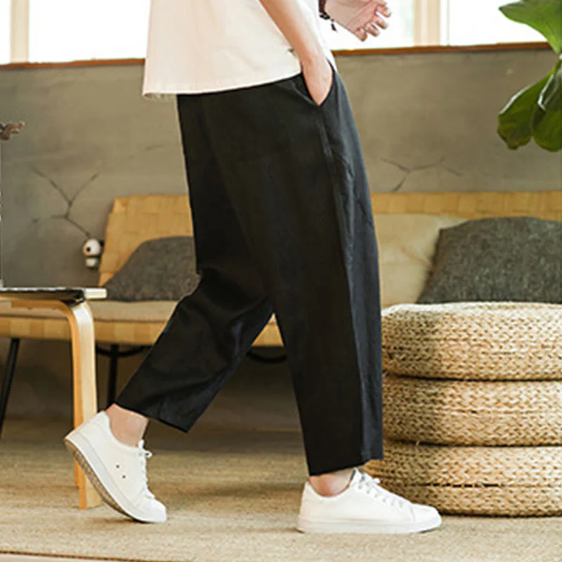 Pantaloni harem da uomo in lino con elastico in vita, con coulisse, stile casual retrò, tinta unita, stile semplice, con tasche , Buddha Stones - Image 16