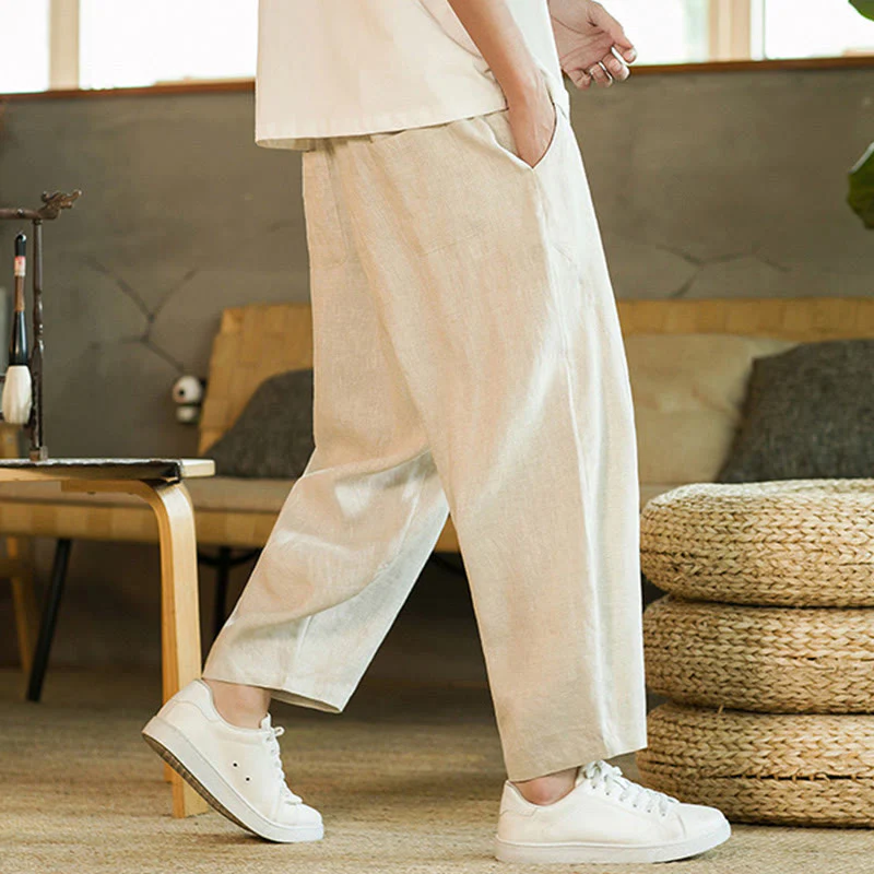 Pantaloni harem da uomo in lino con elastico in vita, con coulisse, stile casual retrò, tinta unita, stile semplice, con tasche , Buddha Stones - Image 6