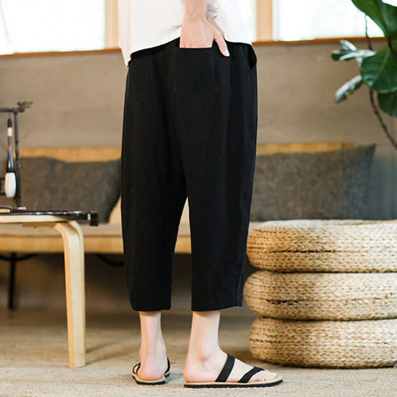 Pantaloni harem da uomo in lino e cotone con coulisse, tinta unita, con tasche e design semplice Buddha Stones - Image 12