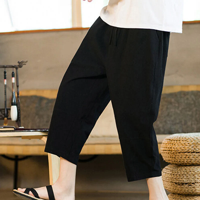 Pantaloni harem da uomo in lino e cotone con coulisse, tinta unita, con tasche e design semplice Buddha Stones - Image 17