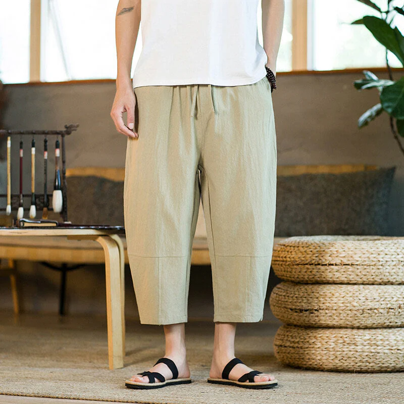 Pantaloni harem da uomo in lino e cotone con coulisse, tinta unita, con tasche e design semplice Buddha Stones - Image 2