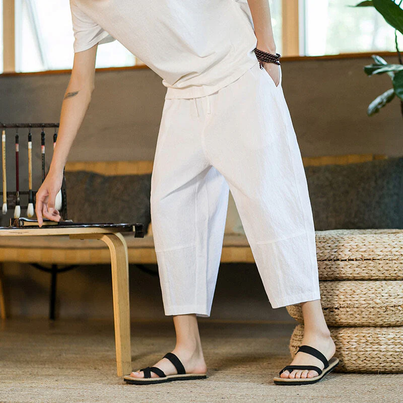 Pantaloni harem da uomo in lino e cotone con coulisse, tinta unita, con tasche e design semplice Buddha Stones - Image 27