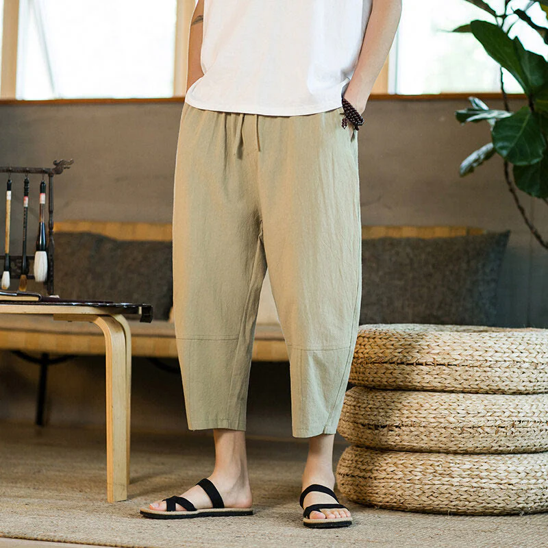 Pantaloni harem da uomo in lino e cotone con coulisse, tinta unita, con tasche e design semplice Buddha Stones - Image 3