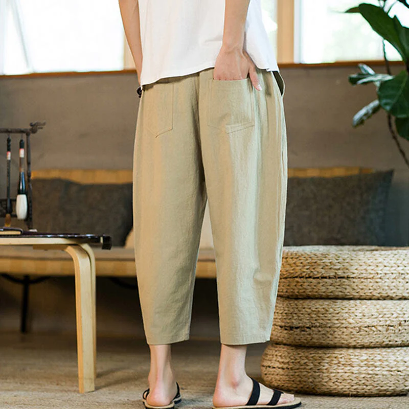 Pantaloni harem da uomo in lino e cotone con coulisse, tinta unita, con tasche e design semplice Buddha Stones - Image 4
