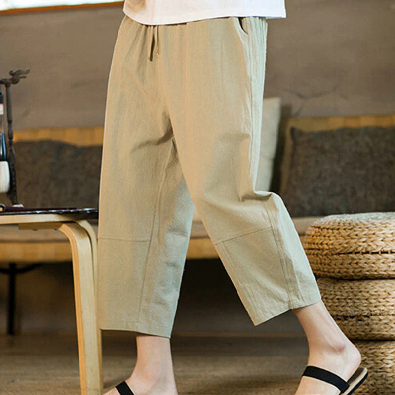 Pantaloni harem da uomo in lino e cotone con coulisse, tinta unita, con tasche e design semplice Buddha Stones - Image 7