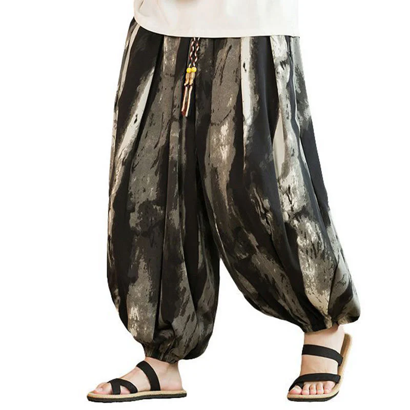 Pantaloni harem da uomo in lino e cotone intrecciato con coulisse, con tasche, motivo Buddha Stones, inchiostro bianco e nero sfumato - Image 8