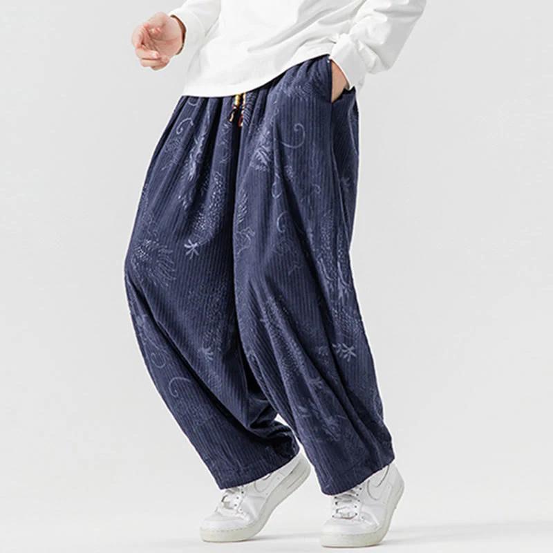 Pantaloni harem da uomo in velluto a coste di cotone con motivo drago fenice invernale Buddha Stones con tasche - Image 23
