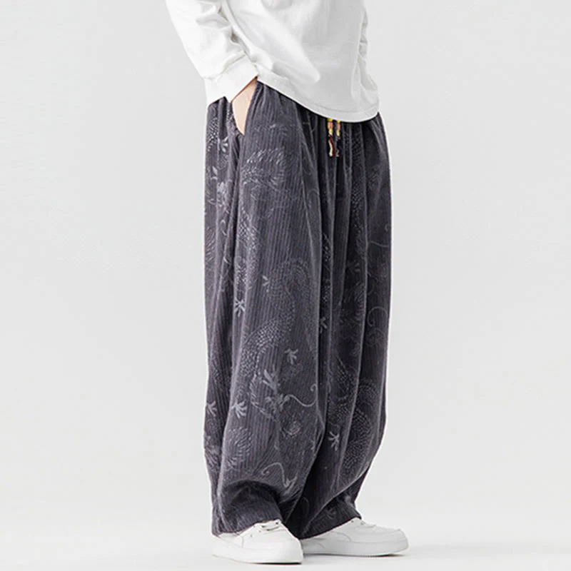 Pantaloni harem da uomo in velluto a coste di cotone con motivo drago fenice invernale Buddha Stones con tasche - Image 27