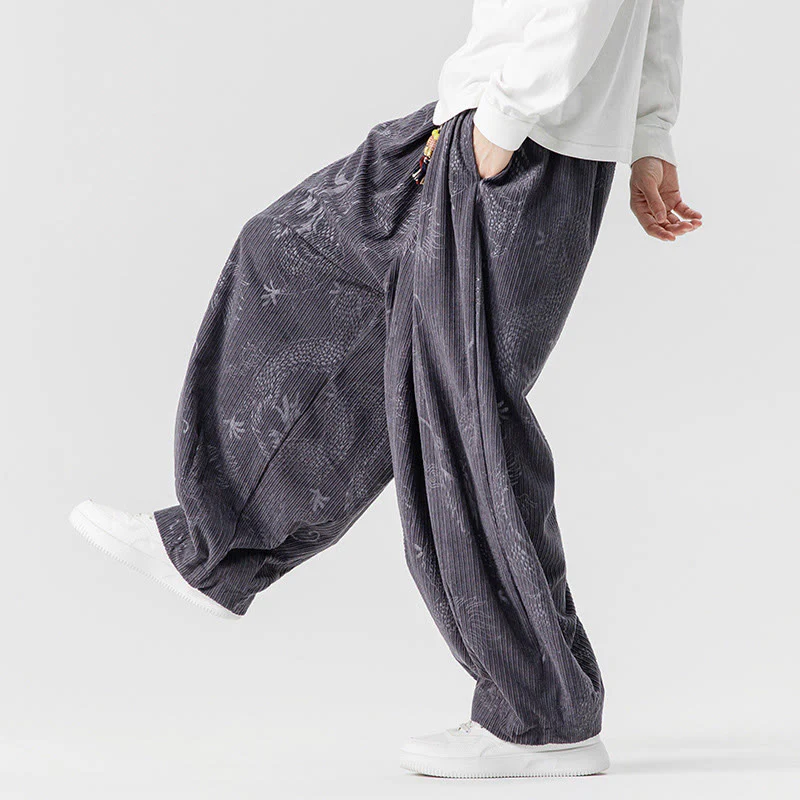 Pantaloni harem da uomo in velluto a coste di cotone con motivo drago fenice invernale Buddha Stones con tasche - Image 31