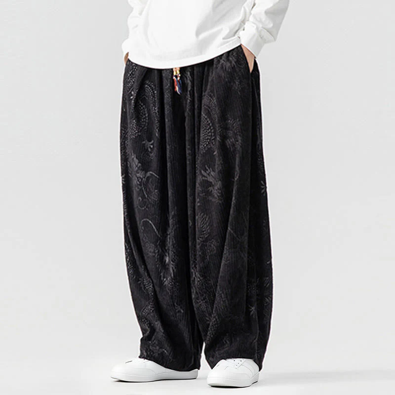 Pantaloni harem da uomo in velluto a coste di cotone con motivo drago fenice invernale Buddha Stones con tasche - Image 33