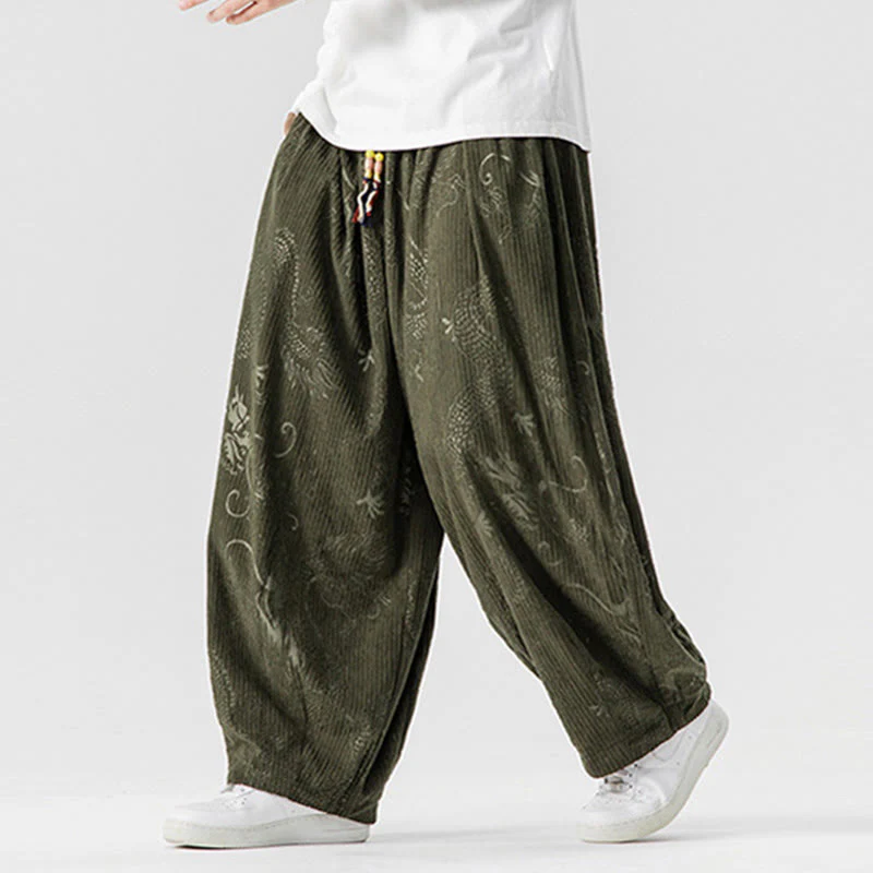 Pantaloni harem da uomo in velluto a coste di cotone con motivo drago fenice invernale Buddha Stones con tasche - Image 5