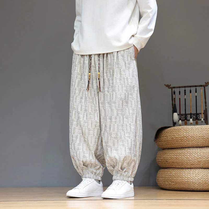 Pantaloni harem da uomo in velluto a coste di cotone con motivo jacquard a quadri autunnali Buddha Stones con tasche - Image 12