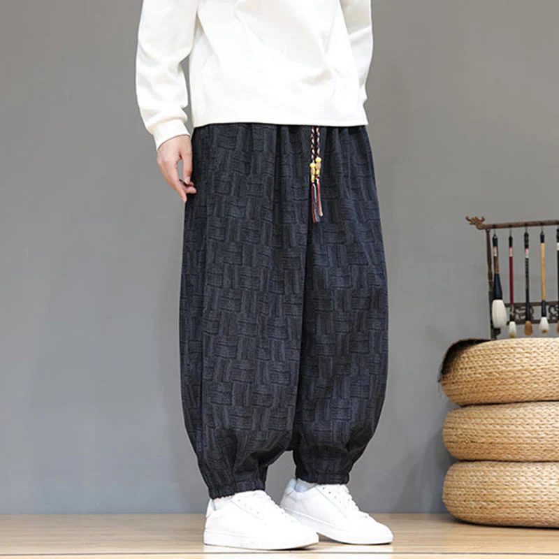 Pantaloni harem da uomo in velluto a coste di cotone con motivo jacquard a quadri autunnali Buddha Stones con tasche - Image 6