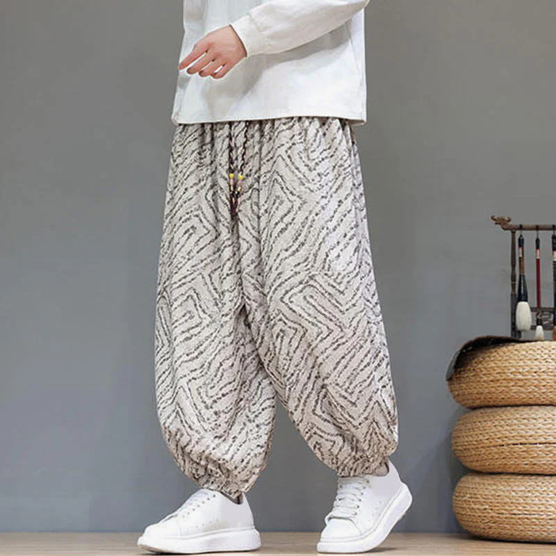 Pantaloni harem da uomo in velluto a coste di cotone e lino con tasche e coulisse, motivo Buddha Stones Fall Texture