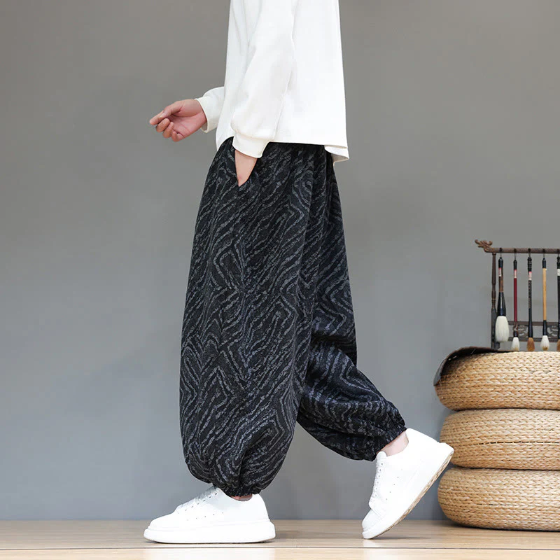 Pantaloni harem da uomo in velluto a coste di cotone e lino con tasche e coulisse, motivo Buddha Stones Fall Texture - Image 11