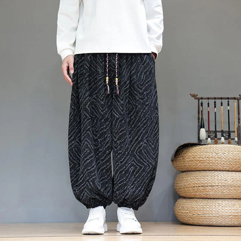 Pantaloni harem da uomo in velluto a coste di cotone e lino con tasche e coulisse, motivo Buddha Stones Fall Texture - Image 12