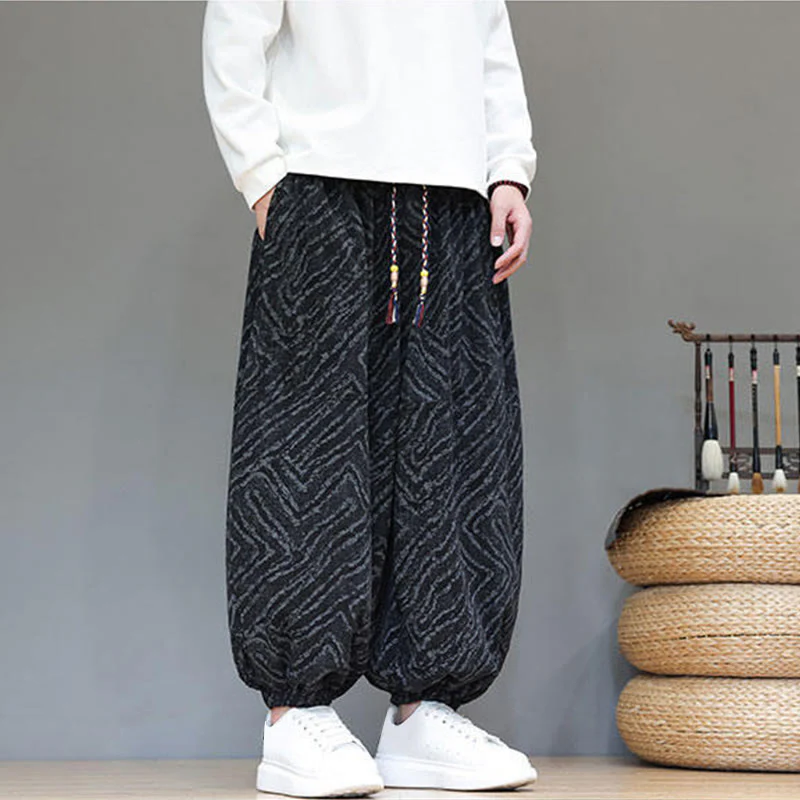 Pantaloni harem da uomo in velluto a coste di cotone e lino con tasche e coulisse, motivo Buddha Stones Fall Texture - Image 13