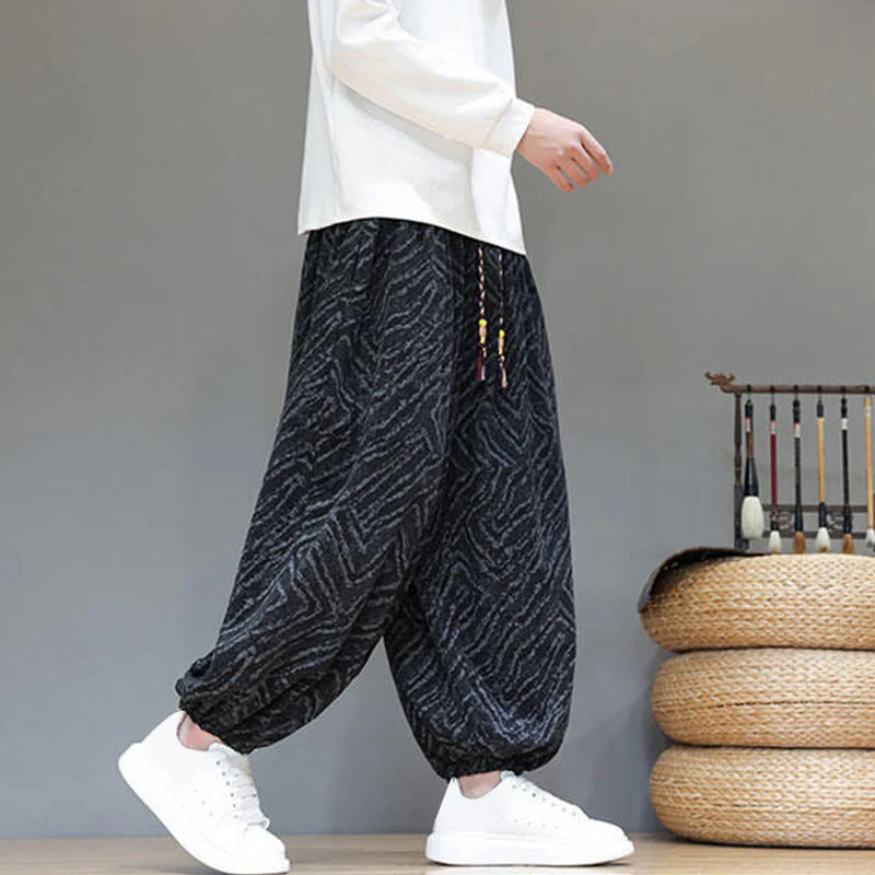 Pantaloni harem da uomo in velluto a coste di cotone e lino con tasche e coulisse, motivo Buddha Stones Fall Texture - Image 14