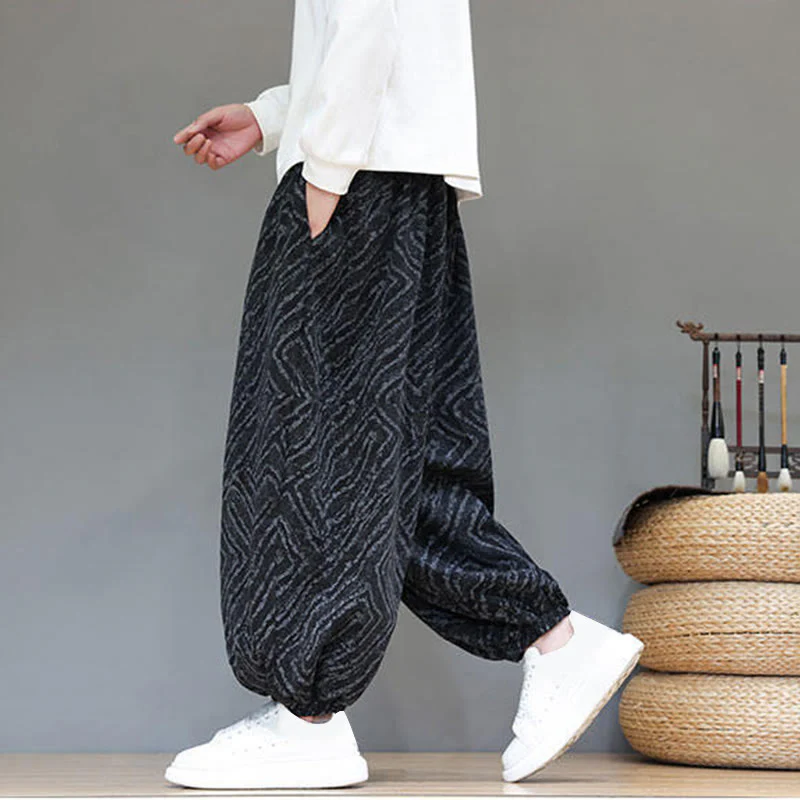 Pantaloni harem da uomo in velluto a coste di cotone e lino con tasche e coulisse, motivo Buddha Stones Fall Texture - Image 18